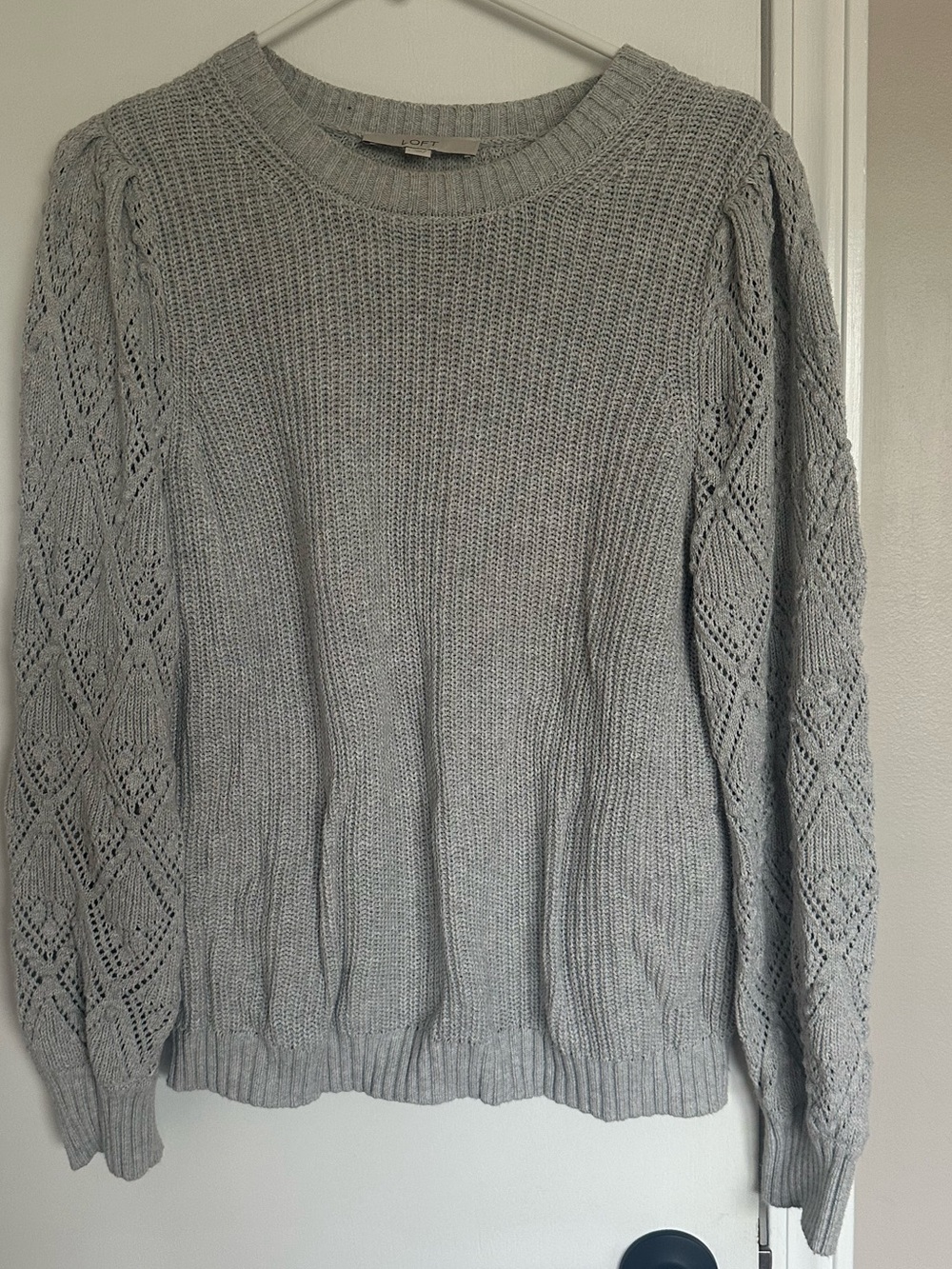 LOFT Heather Gray Crewneck Sweater with Lace Knit Sleeves